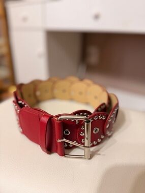 Wide Red Studded Leather Belt - Fashion Accessory